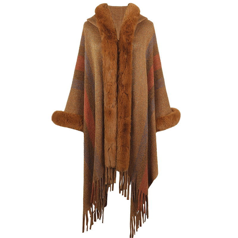Cape à capuche châle à franges en tricot rayé pour femme_voghion.com