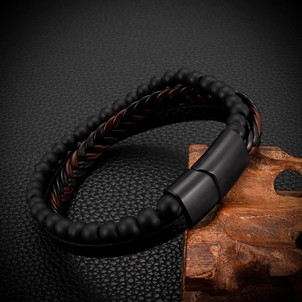 TEMU hot -selling cross -border natural stone volcanic stone bracelet Multi -layer men's leather bracelet