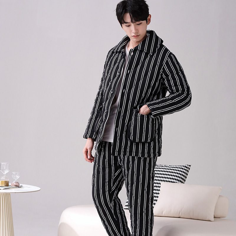 100% algodón pijamas calientes hombres Otoño e Invierno de tres capas acolchadas juventud rayas estilo coreano prendas de vestir exteriores engrosada homewear
