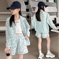 女童夏季防曬衣套裝2024新款夏季網紅炸街時尚休閒運動短褲套裝潮