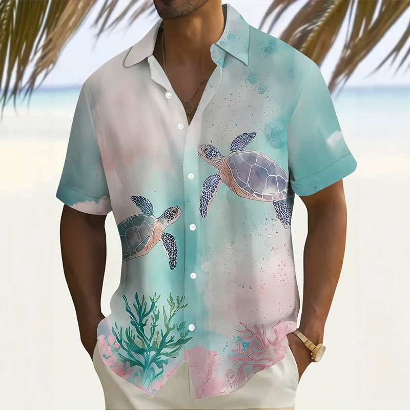 Watercolor Sea Turtle and Coral Print Short-Sleeved Shirt for Men, Gradient Light Blue and Pink Lapel Shirt for Seaside Vacation