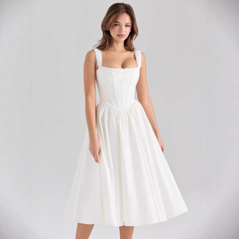 Foreign Trade Wholesale Summer New European and American Style Niche Waistband with Straps at the Back, Slim and Versatile Slim White Dress Foreign Trade Wholesale Summer New European and American Style Niche Waistband with Straps at the Back, Slim and Versatile Slim White Dress