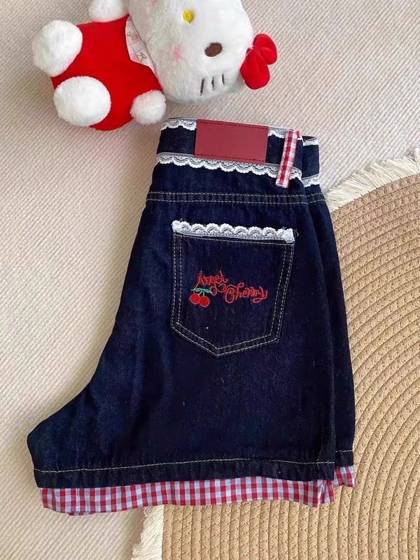 スポーツにも万能で履きやすい！アメリカンチェック柄ステッチ猫刺繍デニムショートパンツ夏軽量ホットパンツ|undefined