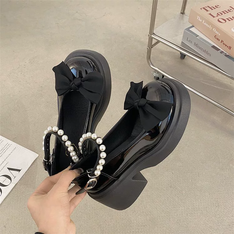 Мэри Джейн обувь женская 2023 Весна Новая мода бисером пряжки Сладкий бант маленькие кожаные туфли толстые нижние лоферы