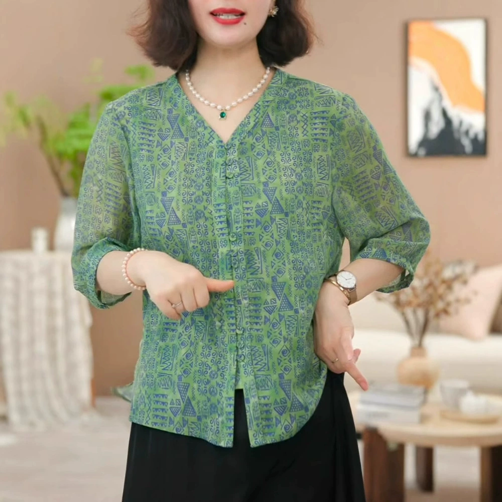 Тонкая рубашка с v-образным вырезом и рукавом три четверти, одежда больших размеров для мам X, свободная рубашка в западном стиле, новинка 2025 года, женская рубашка среднего возраста