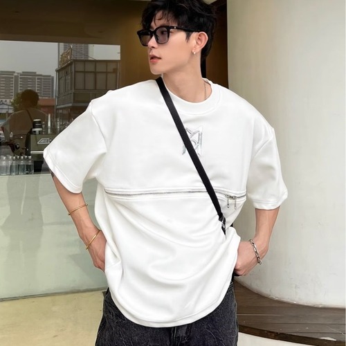 Trendy Short-Sleeve Men's Metal Shoulder Pad T-Shirt with Zipper Design, Advanced Sense of Style, Loose Five-Sleeve Top