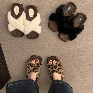 Vintage Cross Mao Mao Outwear Slippers Spring and Summer Casual All-match Gentle Leopard-print Thick-soled Mao Mao Mao Shoes Cotton Slippers Women's Shoes