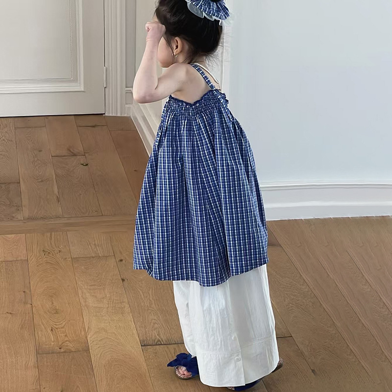 Korean Style Girls 2025 Summer New Blue Plaid Sling Top dress All-match Wide Leg Pants Two-piece Fashionable Set