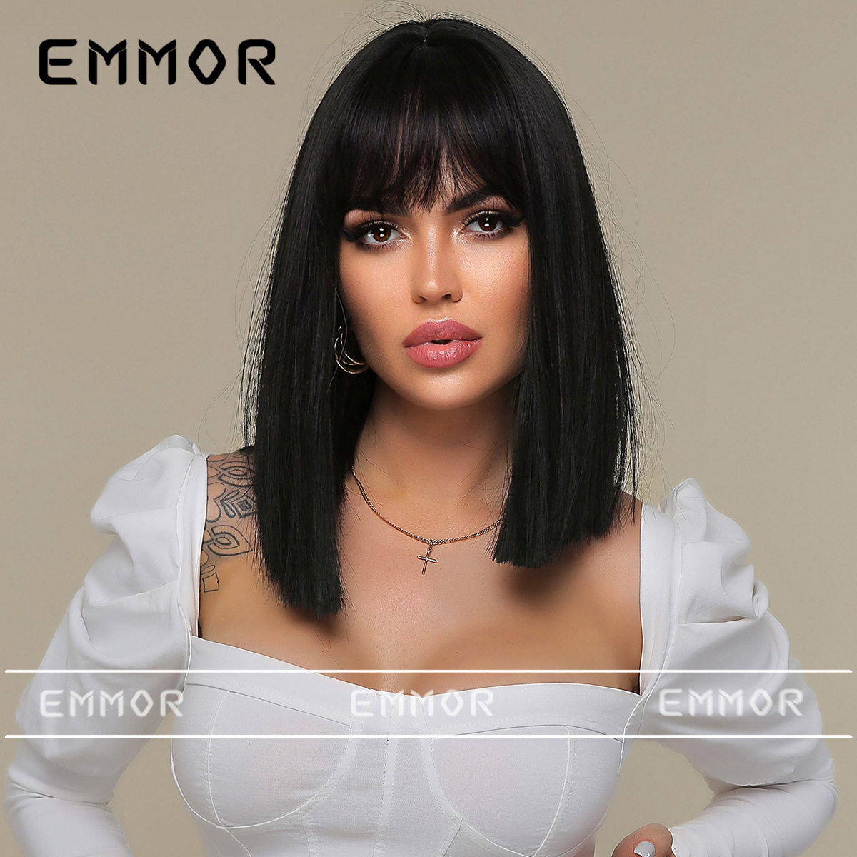 Comercio exterior europeo y americano moda transfronteriza nueva peluca femenina negro natural recto Bangs hombro Bobo pelo corto recto cubierta de la cabeza completa