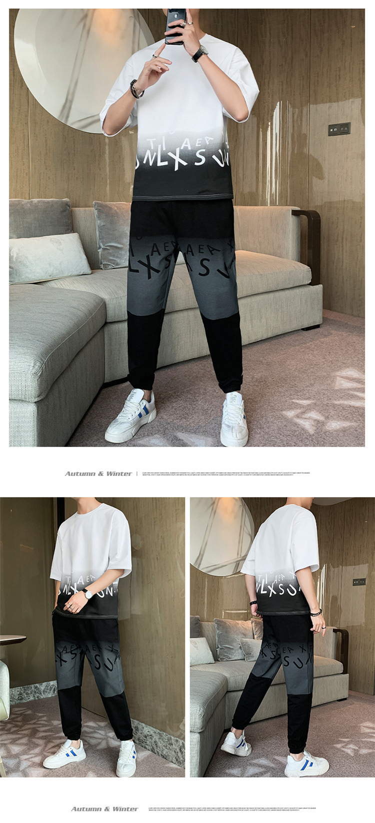 Men's Gradient Color Short Sleeve T-Shirt And Shorts Set Casual Summer Streetwear Hong Kong Style Outfit_viptrois.com