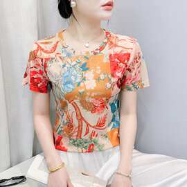 东南亚2025夏装新款时尚定位印花短袖T恤打底衫修身上衣女代发