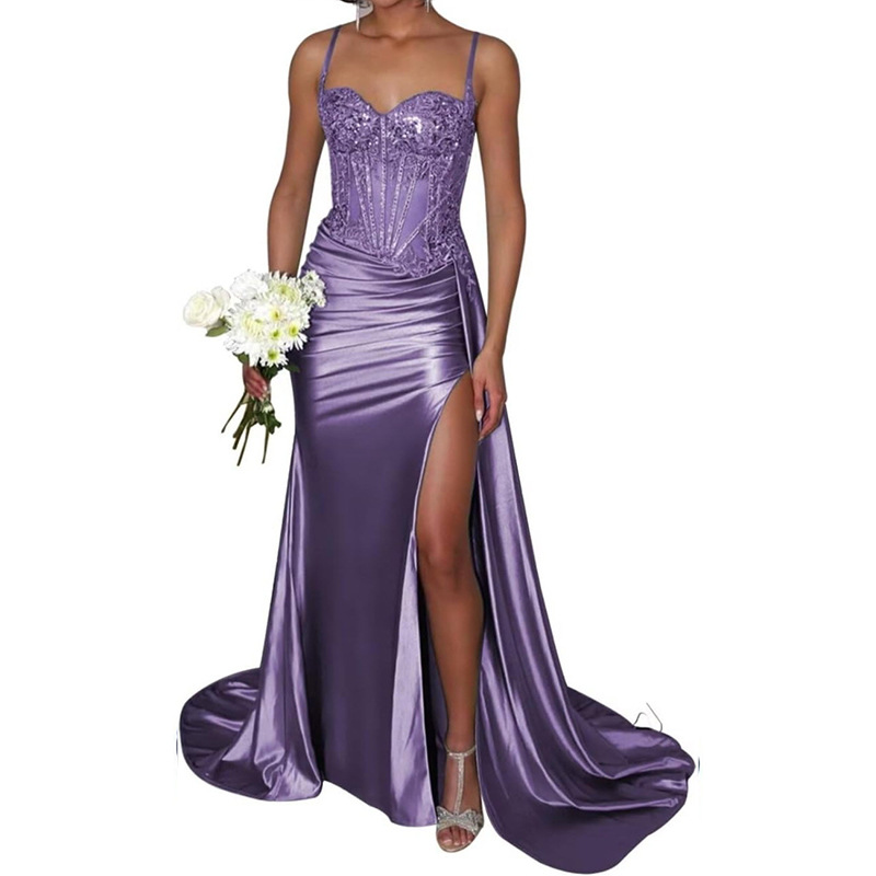 Vestido de noche sexy dividido de satén Vestido largo de tubo transfronterizo europeo y americano con cintura de espina de pescado Vestido delgado Falda larga image 13
