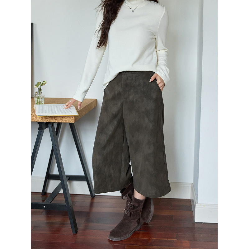 Plus Size Women's Loose High-Waisted Suede Coffee-Colored Cropped Pants Autumn and Winter Drapey Lazy Mid-Length Pants Slimming Casual Wide-Leg Pants