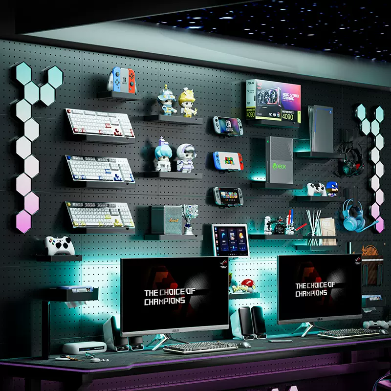 电竞房洞洞板墙上置物架免打孔电脑桌墙面收纳盒配件圆孔3cm孔距