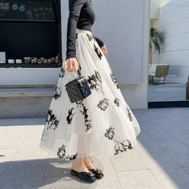 植绒印花纱裙女半身裙跨境爆款中长米白色a字裙网纱荷花半身裙