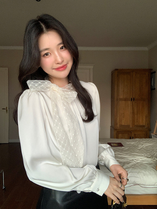 起范 秋季新款宽松时尚高级感衬衣气质减龄蕾丝系带衬衫女装86091|undefined