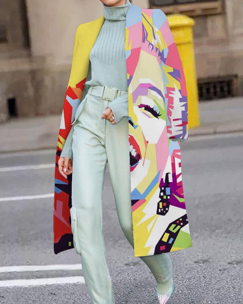 Women's Fashion Color Block Printing Placket Coat Woolen Coat display picture 1