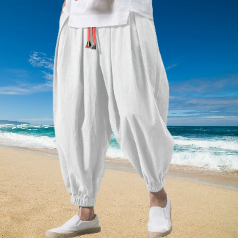 Новые летние мужские свободные брюки-джоггеры из хлопка и льна, модные укороченные брюки-шаровары больших размеров.