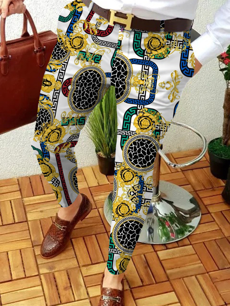 2023 estación independiente transfronteriza europea y americana nuevo patrón casual de los hombres impreso Mediados de cintura traje casual pantalones micro pantalones elásticos