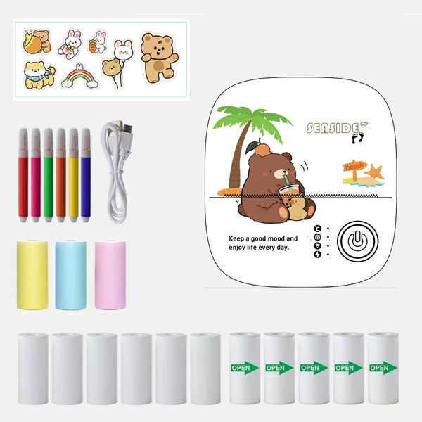 Beach printer, colored paper, crayons, cartoon sticker, storage bag, 6 pieces