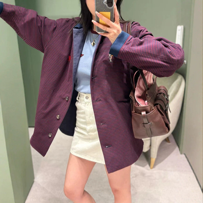 2026 Autumn New Vintage Style Small Red Embroidered Logo Striped Jacket for Women 2026 Autumn New Vintage Style Small Red Embroidered Logo Striped Jacket for Women