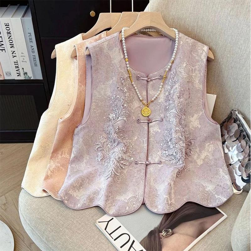 New Chinese-Style Heavy Embroidery Vest for Women, Spring and Autumn, High-End National Style with Traditional Buttons, Outerwear Retro Jacquard Vest