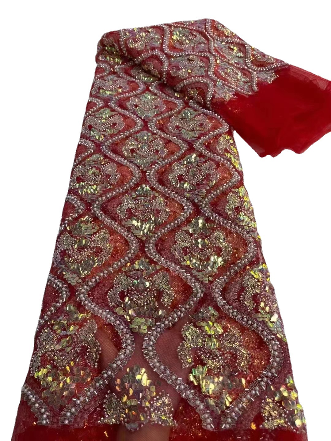 S型波浪纹重工高定几何珠片绣春秋女款婚纱礼服旗袍绣花面料lace