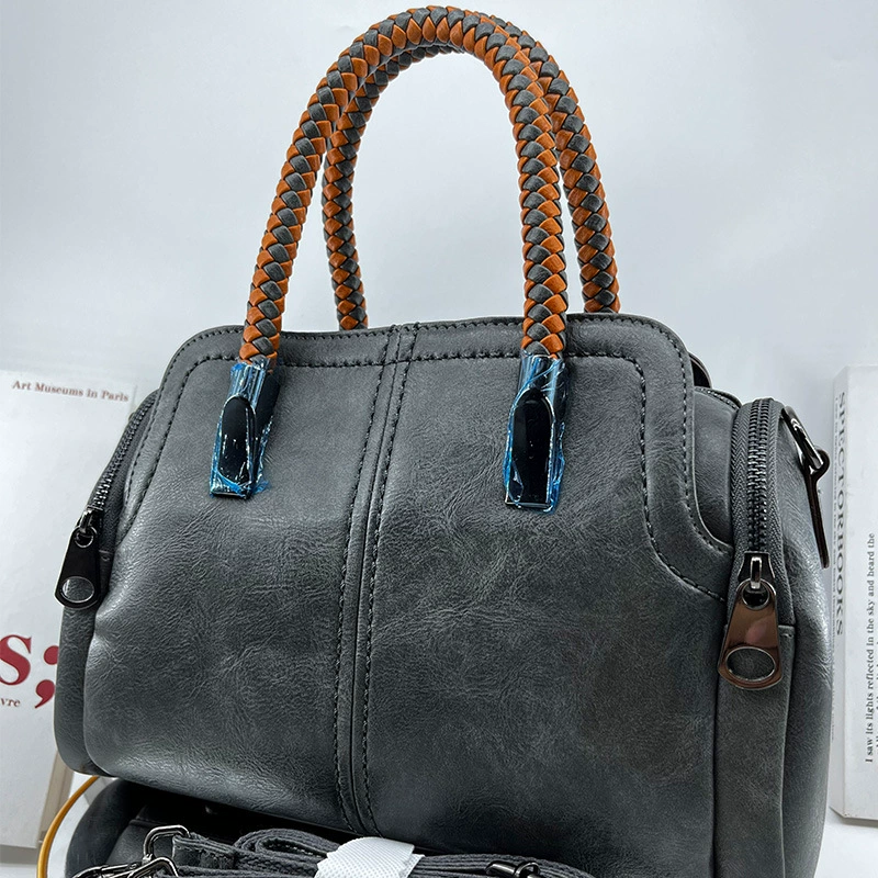 Capacious Boston Shoulder Bag, Genuine Leather, Woven Handles, 30×17.5×21 cm