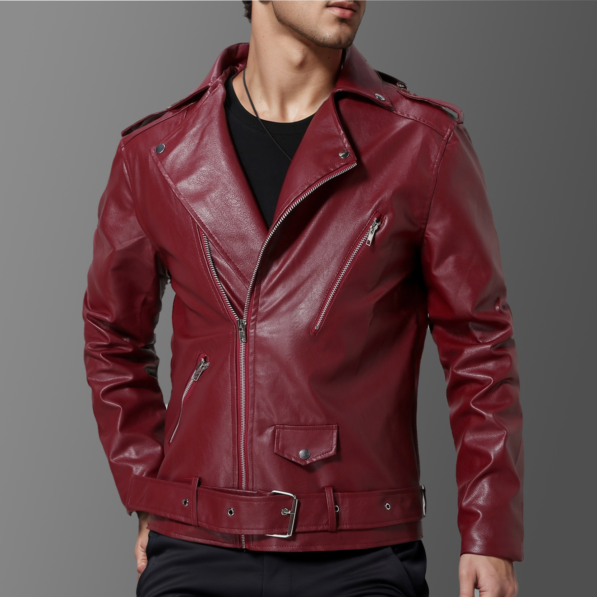 Men's Slim Fit Leather Jacket Lapel Biker Style For Autumn Winter_voghion.com