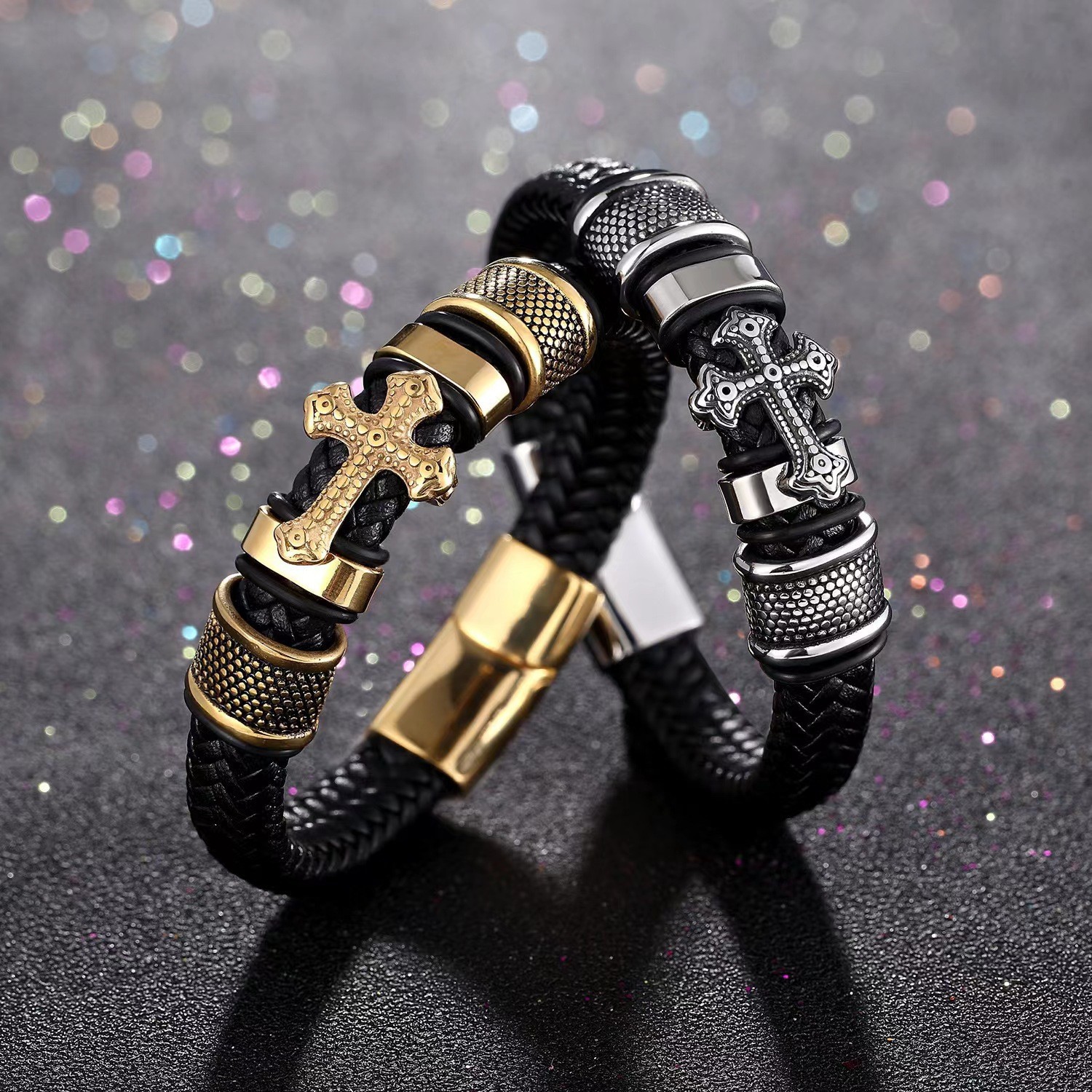 Brocado pulsera tejida Temu Cruz tejida pulsera de cuero de los hombres al por mayor punk estilo pulsera transfronteriza