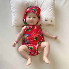 嬰兒連體衣東北大花夏季薄款吊帶包屁衣男女寶寶棉綢肚兜三角哈衣