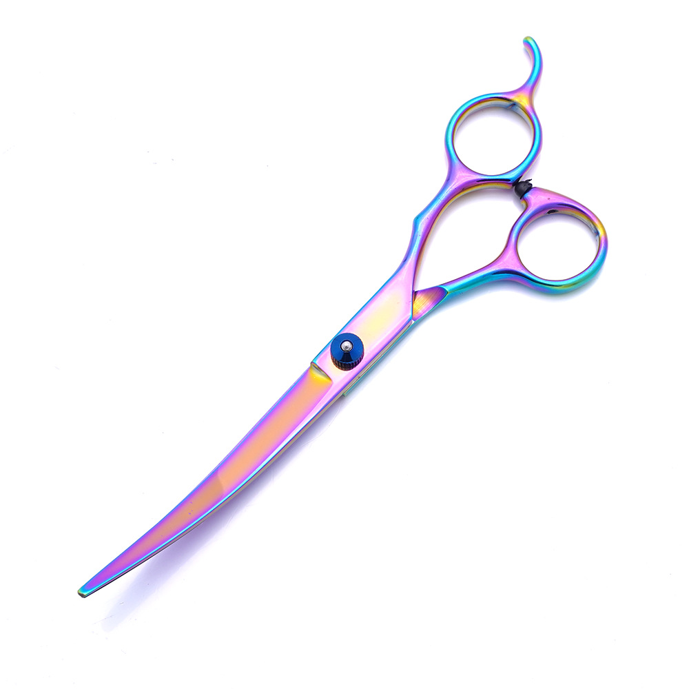 Tijeras de acero inoxidable para mascotas al por mayor de fábrica, tijeras curvas de color de 7 pulgadas, tijeras finas, juego de tijeras de reparación para mascotas
