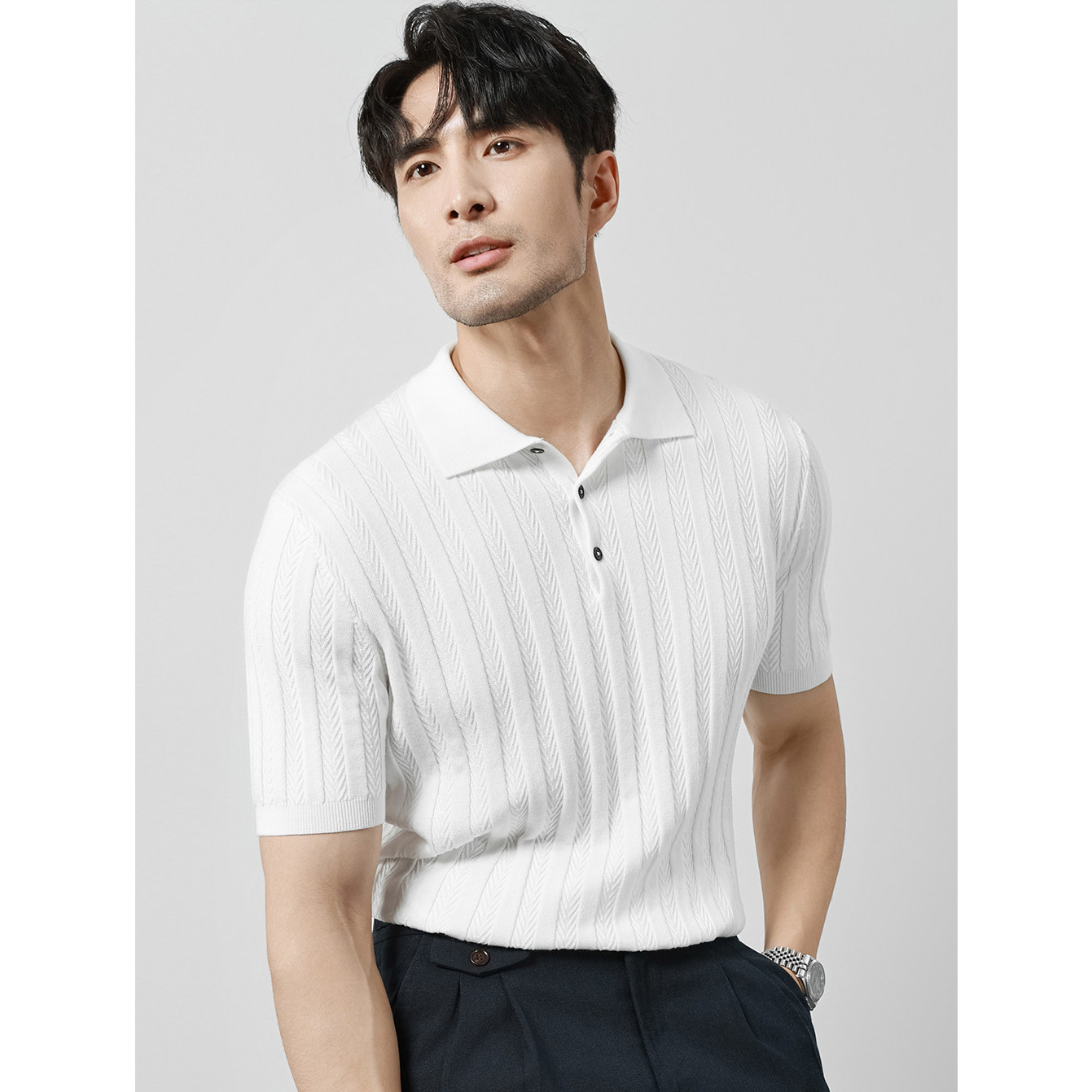 Polo camiseta de punto camiseta de manga corta hombre hueso de pescado estampado antiguo viento delgado camiseta de hielo seda de verano fábrica transfronteriza al por mayor