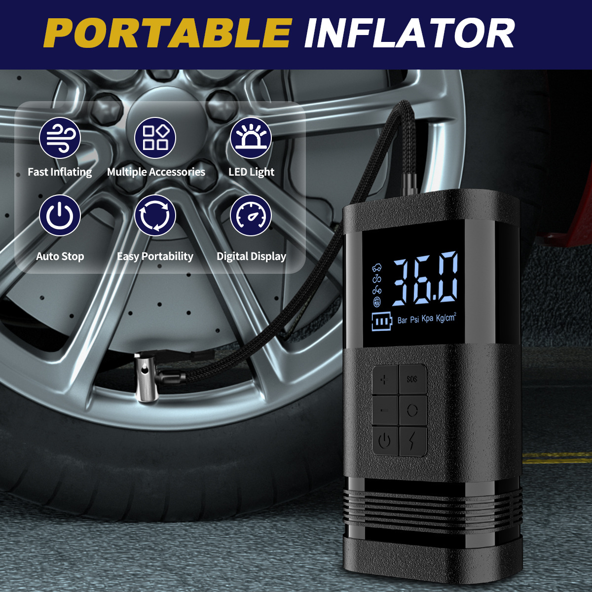Wireless Car Air Compressor, Digital Display Automatic Charging and Shut-Off Tire Inflator, Portable Emergency Lighting Car Air Pump