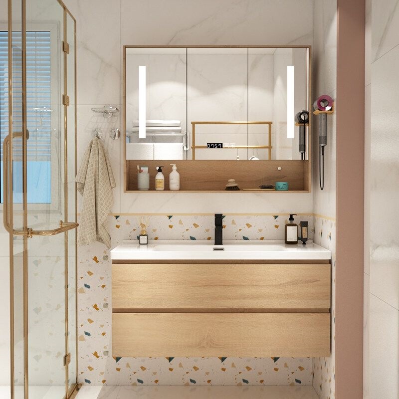 Natural Wood Color Bathroom Cabinet Washbasin Set with Integrated Ceramic Sink and Mirror Set Natural Wood Color Bathroom Cabinet Washbasin Set with Integrated Ceramic Sink and Mirror Set