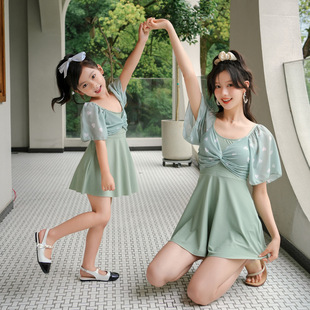 2022 New Motherly and Daughter Swimsuit ins Conservative One-piece Skirt Style Fresh Women's Swimsuit Children's Parent-child Swimsuit