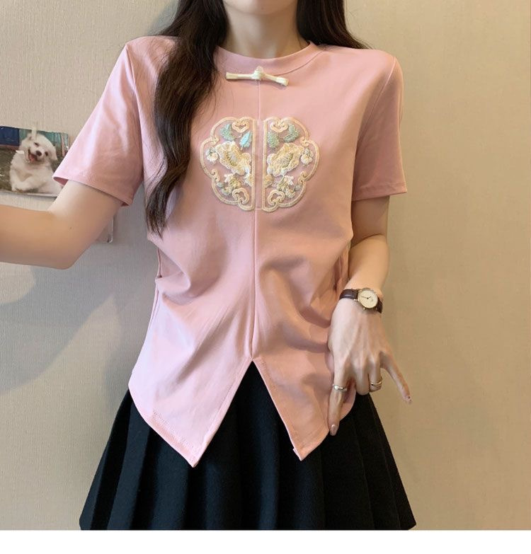 2024 Summer Embroidered Split Short Sleeve Design T-shirt New Chinese style High end Bottom Top_voghion.com