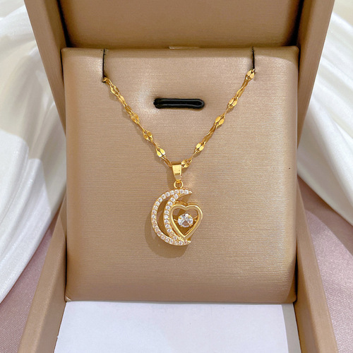 [Titanium Steel] Light Luxury Moon Love Heart Touching Micro-Inlaid Real Gold Necklace Women's Transfer Ins Clavicle Chain Accessories