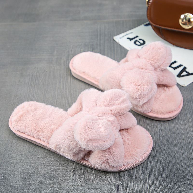 Slippers Plush Autumn And Winter Home Cartoon Bow Cotton Slippers Wool Slippers