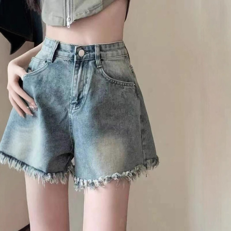 Petite Tassel Denim Shorts for Women, New Summer High-Waisted Loose Soft Slimming A-Line Hot Pants, Trendy Ins Style
