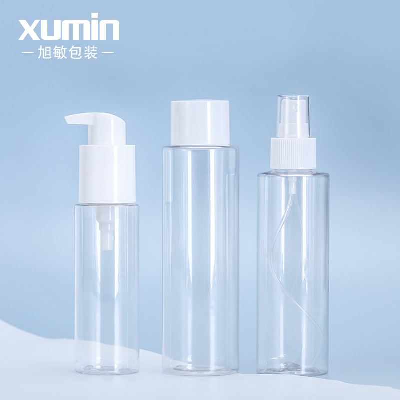 Xumin en stock material de embalaje productos para el cuidado de la piel botella transparente 100mL botella de spray blanco 200ml botella de tapa de tóner