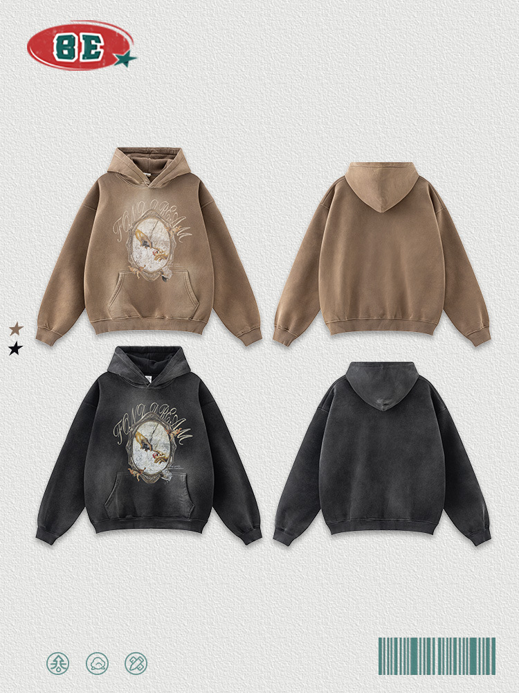 BE ropa de hombre | 2025 otoño más terciopelo engrosamiento marca de moda americana original lavado y viejo suéter con capucha para hombres y mujeres del mismo estilo image 4