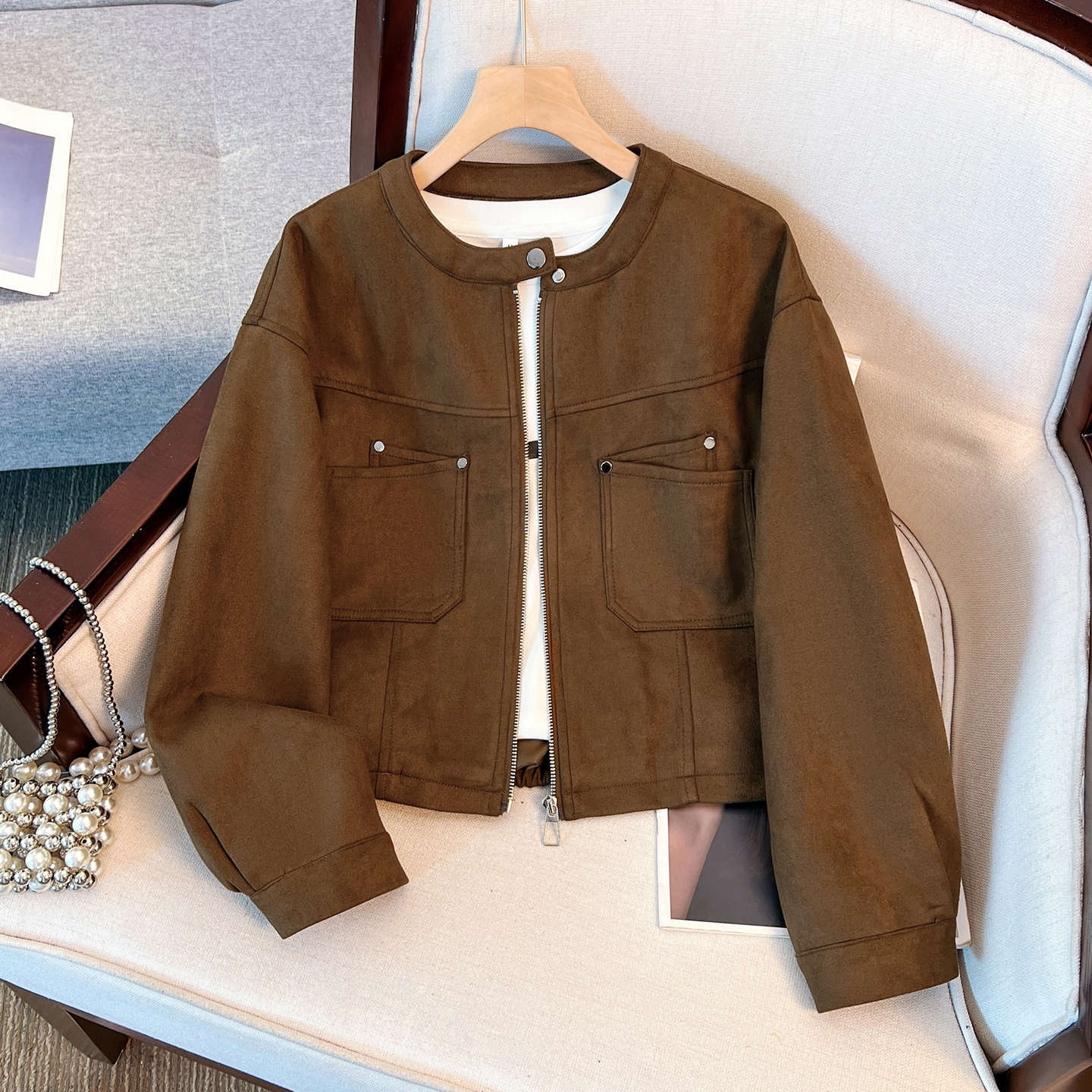 Maillard Brown Brown Round Neck Suede Jacket Women's Short 2025 Early Spring Autumn New Motorcycle Jacket