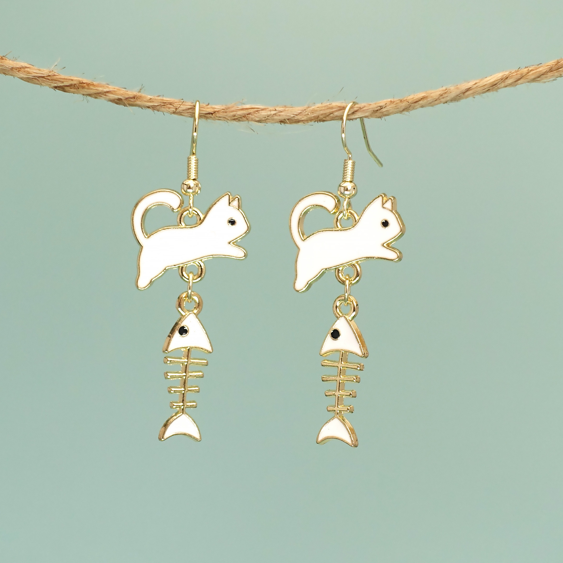 Drop Earrings Classification 1 Pair Cute Streetwear Cat Fish Bone Enamel Alloy 14K Gold Plated Drop Earrings