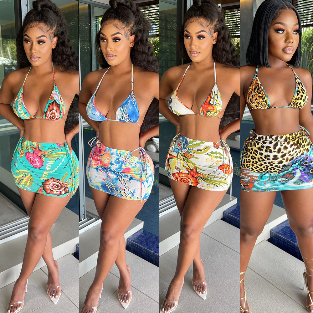 fashion printed swimsuit short skirt two-piece set Nihaostyles wholesale clothing vendor NSTYF72889