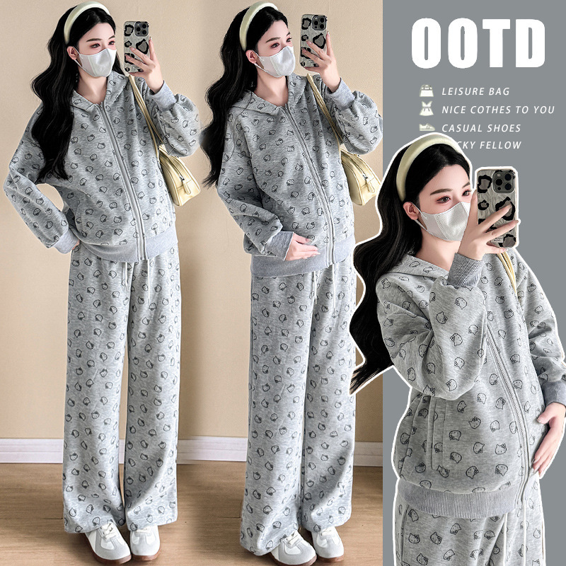 Real Shot of Autumn and Winter New Fashion Printed Thickened Hooded Sweatshirt Casual Wide-Leg Pants Maternity Suit Two-Piece Set
