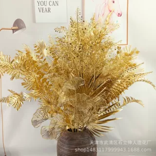 仿真花金色扇叶 尤加利 福字玫瑰金色塑料花材婚庆新年福桶装饰花