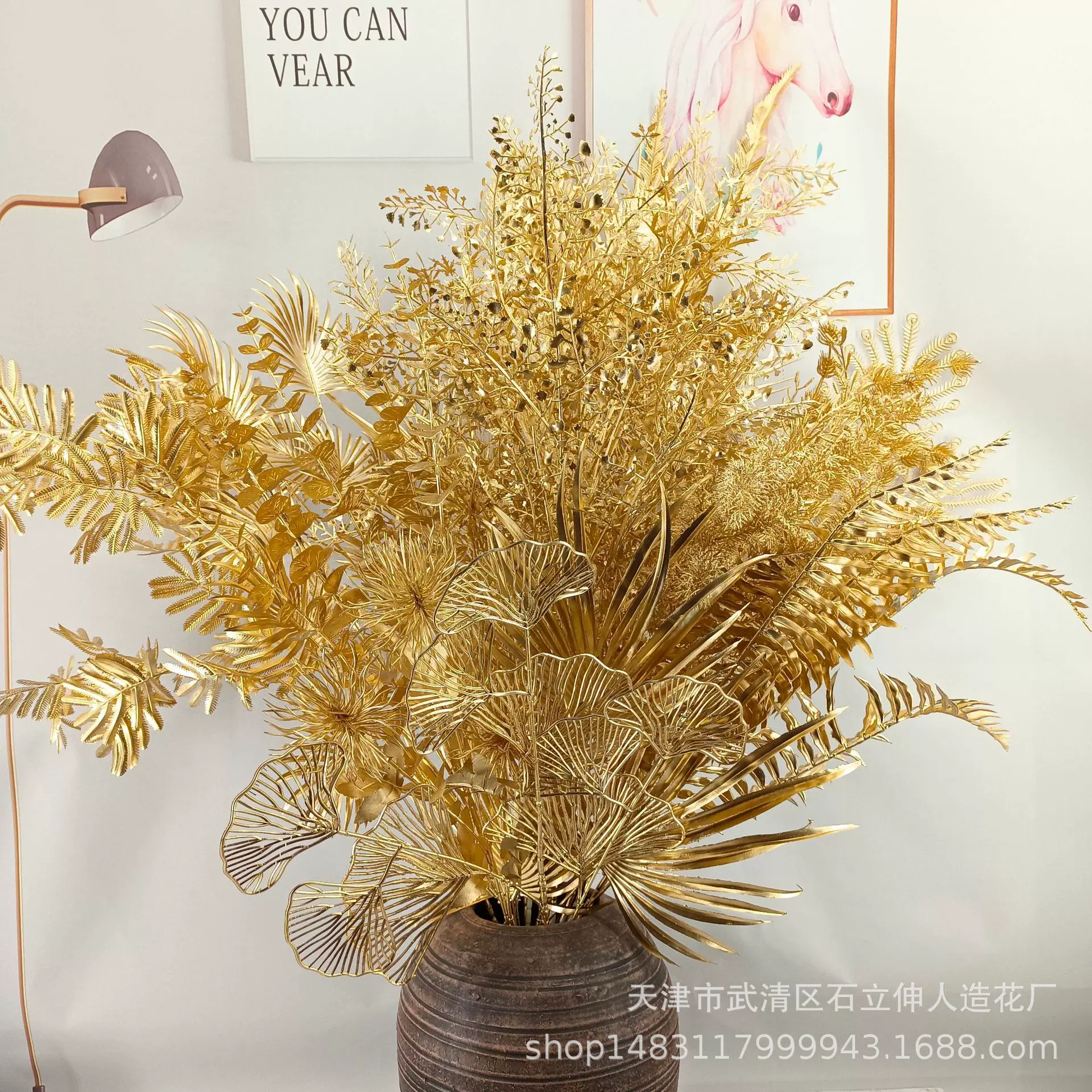 仿真花金色扇叶尤加利红果发财果圣诞小红果冬青果新年福桶装饰花