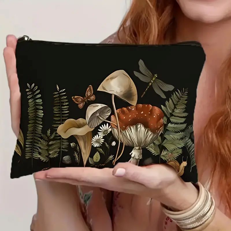 Bolsas de maquillaje transfronterizas de lino impermeable Amazon venta caliente hongos ilustración, bolsas de maquillaje personales bolsas de mano