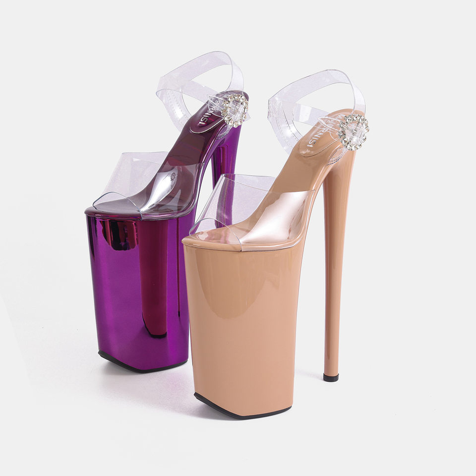 Sandal nữ gót nhọn siêu cao hở mũi quai ngang trong suốt, đế cao 16 cm — Màu be, Màu hồng, Màu tím, màu đen